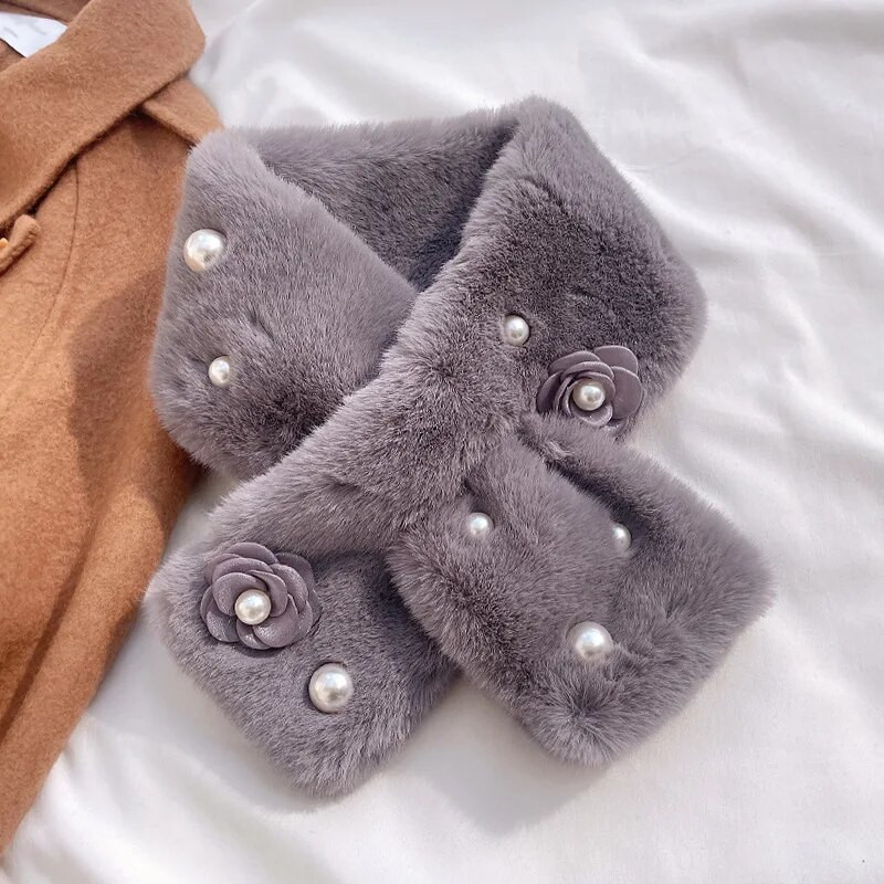 Korejske žene Biserno cvijeće Ovratnik od umjetnog zečjeg krzna Križni plišani šal Ženski zimski zimski topli šal za zaštitu vrata T61