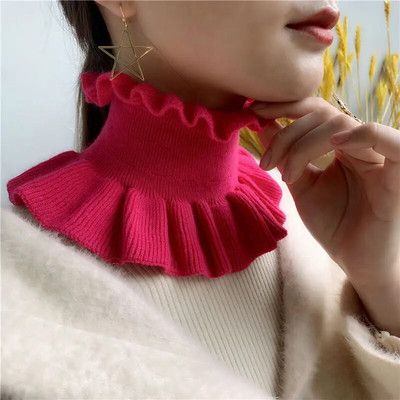 Zimski ženski vuneni pulover s lažnim ovratnikom, topao šal, slatki korejski slatki elastični štitnik za vrat s dvostrukim volanima, otporan na vjetar, šal, bib O70
