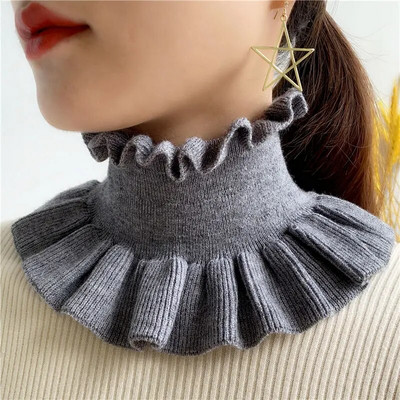 Zimski ženski vuneni pulover s lažnim ovratnikom, topao šal, slatki korejski slatki elastični štitnik za vrat s dvostrukim volanima, otporan na vjetar, šal, bib O70