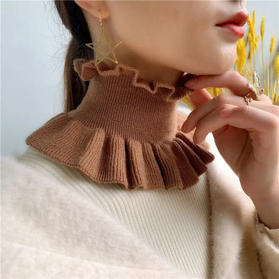 Zimski ženski vuneni pulover s lažnim ovratnikom, topao šal, slatki korejski slatki elastični štitnik za vrat s dvostrukim volanima, otporan na vjetar, šal, bib O70