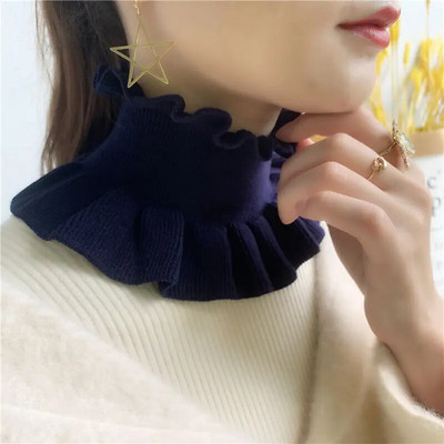 Zimski ženski vuneni pulover s lažnim ovratnikom, topao šal, slatki korejski slatki elastični štitnik za vrat s dvostrukim volanima, otporan na vjetar, šal, bib O70