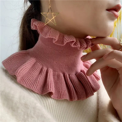 Zimski ženski vuneni pulover s lažnim ovratnikom, topao šal, slatki korejski slatki elastični štitnik za vrat s dvostrukim volanima, otporan na vjetar, šal, bib O70