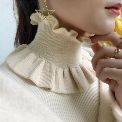 Zimski ženski vuneni pulover s lažnim ovratnikom, topao šal, slatki korejski slatki elastični štitnik za vrat s dvostrukim volanima, otporan na vjetar, šal, bib O70