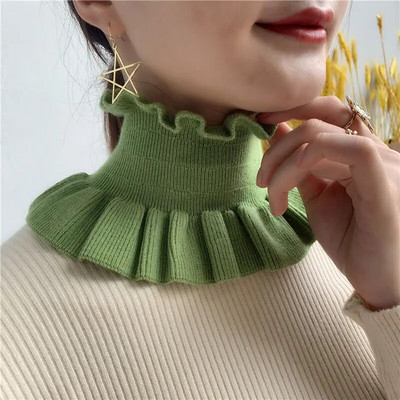 Zimski ženski vuneni pulover s lažnim ovratnikom, topao šal, slatki korejski slatki elastični štitnik za vrat s dvostrukim volanima, otporan na vjetar, šal, bib O70