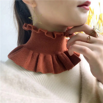 Zimski ženski vuneni pulover s lažnim ovratnikom, topao šal, slatki korejski slatki elastični štitnik za vrat s dvostrukim volanima, otporan na vjetar, šal, bib O70