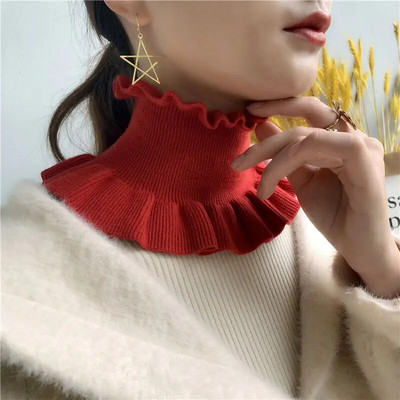 Zimski ženski vuneni pulover s lažnim ovratnikom, topao šal, slatki korejski slatki elastični štitnik za vrat s dvostrukim volanima, otporan na vjetar, šal, bib O70