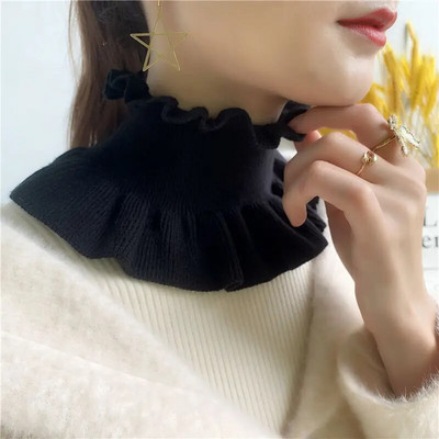 Zimski ženski vuneni pulover s lažnim ovratnikom, topao šal, slatki korejski slatki elastični štitnik za vrat s dvostrukim volanima, otporan na vjetar, šal, bib O70