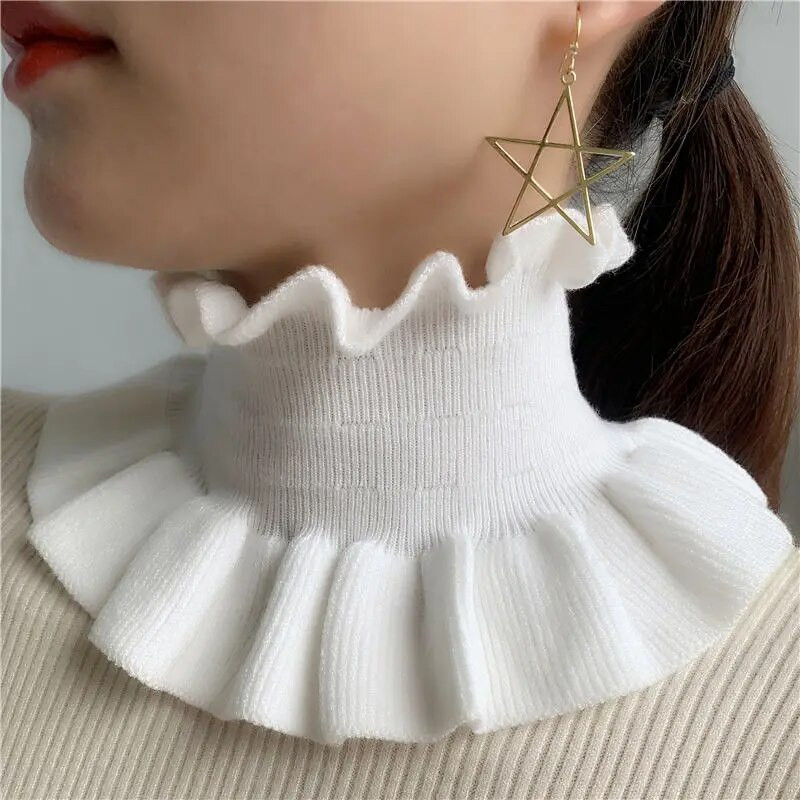 Zimski ženski vuneni pulover s lažnim ovratnikom, topao šal, slatki korejski slatki elastični štitnik za vrat s dvostrukim volanima, otporan na vjetar, šal, bib O70