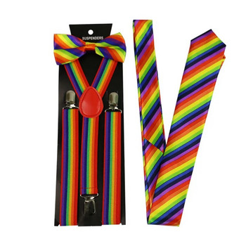 Мъжки тиранти с дъгови райета от 3 части, свободен стегнат колан на гърба, 2,5*100 см, каишка с дъга + папийонка + вратовръзка, тиранти Мъж за панталон
