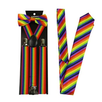 Ανδρική ζαρτιέρα 3 τεμαχίων Rainbow ριγέ χαλαρή στενή πίσω ζώνη 2,5*100 cm Rainbow λουράκι+παπιγιόν+γραβάτα Ζαρτιέρες Άνδρας για παντελόνι