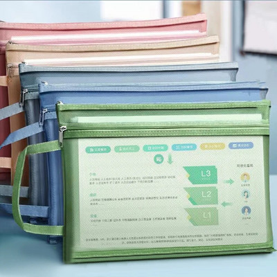 Hordozható A4-es irattartó hálós, cipzáras borítékok, mappák iskolai irodaszerekhez Műanyag irattartó zsebes táska iratrendező
