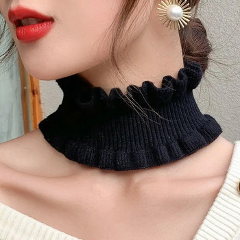 Корейски едноцветен еластичен вълнен плетен пуловер с фалшива яка с дантелени волани, лента за глава, гривна, дамски зимен предпазител за врата, топъл шал Q37