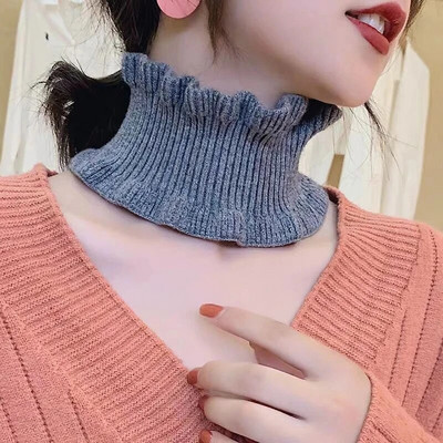 Korejski jednobojni elastični vuneni pulover s lažnim ovratnikom, čipkastim volanima, narukvica za glavu, ženski zimski štitnik za vrat, topli šal Q37