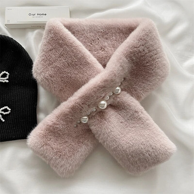 Korejas vienkrāsains mākslīgās truša kažokādas apkakles pērļu poga plīša šalle sievietēm ziemā āra aukstā kakla aizsarga bieza silta šalle