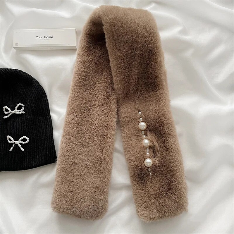 Korejas vienkrāsains mākslīgās truša kažokādas apkakles pērļu poga plīša šalle sievietēm ziemā āra aukstā kakla aizsarga bieza silta šalle