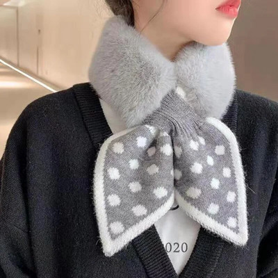 Κορεάτικη πουά ραφή βελούδινο ζεστό κασκόλ Χειμερινή ψεύτικη γούνα κουνελιού χοντρό σταυρό με ψεύτικο γιακά λαιμό προστατευτικό πλεκτό γυναικεία κασκόλ Q38