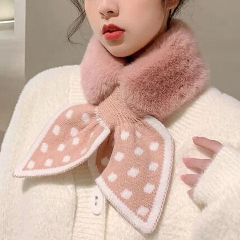 Koreai pöttyös varrás plüss meleg sál Téli műnyúl szőrme vastag kereszt álgallér Nyakvédő kötött női sálak Q38