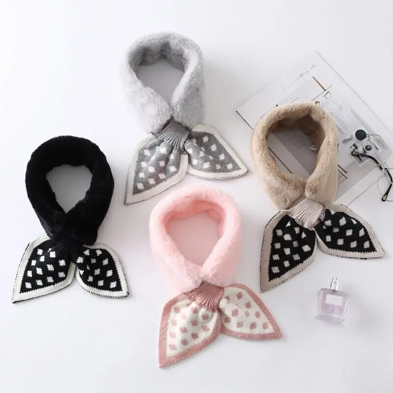 Koreai pöttyös varrás plüss meleg sál Téli műnyúl szőrme vastag kereszt álgallér Nyakvédő kötött női sálak Q38