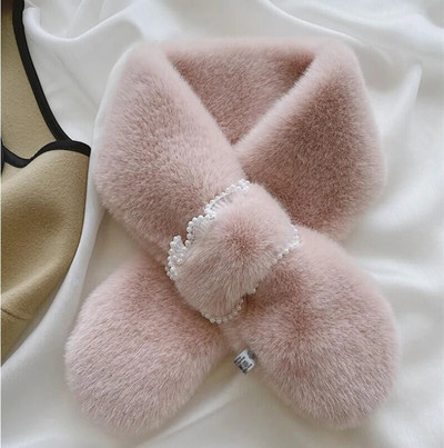 Korejski ženski ovratnik od umjetnog zečjeg krzna Biserna čipkana križna plišana marama Ženski zimski dvostrani topli šal za zaštitu vrata T36