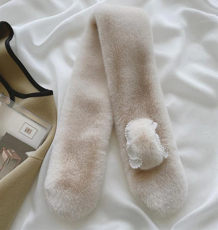 Korejski ženski ovratnik od umjetnog zečjeg krzna Biserna čipkana križna plišana marama Ženski zimski dvostrani topli šal za zaštitu vrata T36