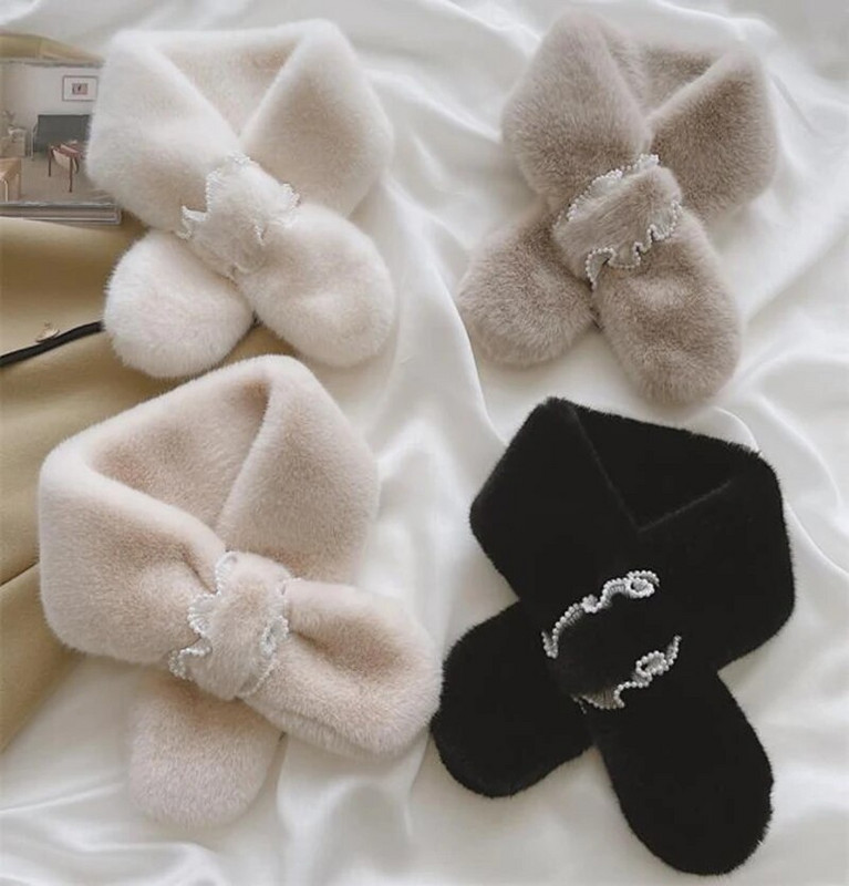 Korejski ženski ovratnik od umjetnog zečjeg krzna Biserna čipkana križna plišana marama Ženski zimski dvostrani topli šal za zaštitu vrata T36