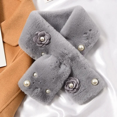 Korejas pērļu zieds Mākslīgās truša kažokādas krusts plīša šalle sievietēm ziemas āra vēja necaurlaidīga kakla aizsardzība viltus apkakle, silta šalle T61