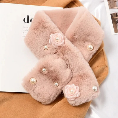 Korejas pērļu zieds Mākslīgās truša kažokādas krusts plīša šalle sievietēm ziemas āra vēja necaurlaidīga kakla aizsardzība viltus apkakle, silta šalle T61