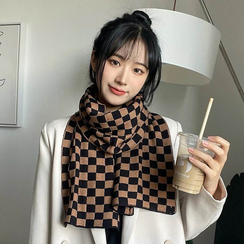 Ženski jesenski i zimski crno-bijeli karirani korejski umjetnički i studentski topli šal oko vrata CN026