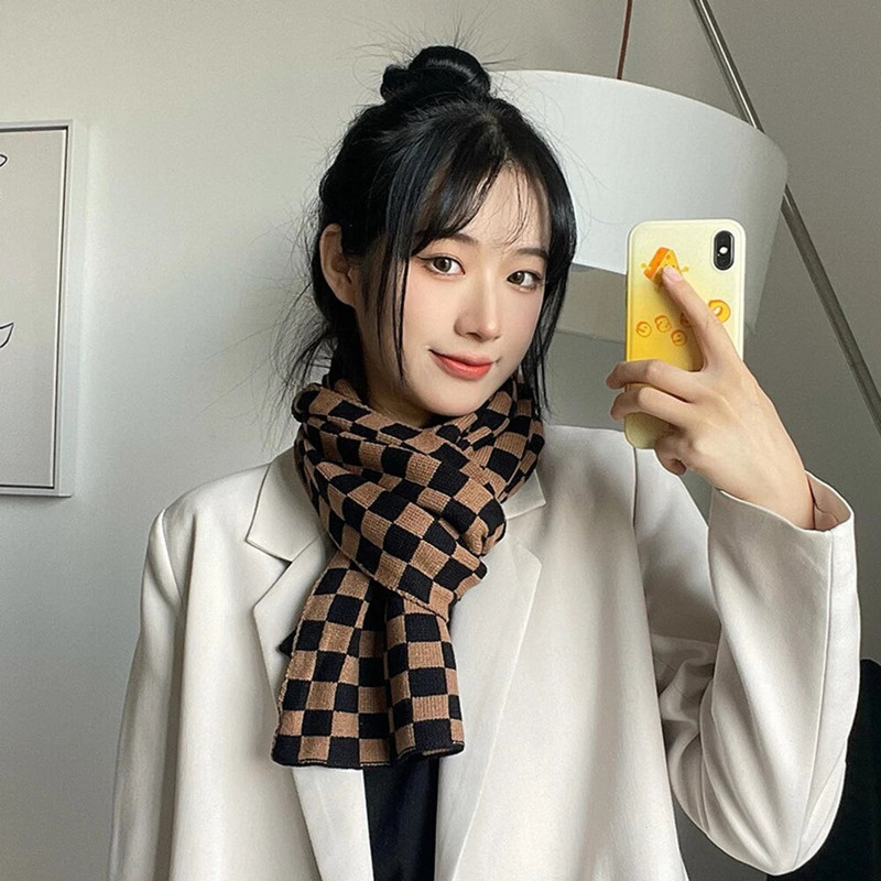 Ženski jesenski i zimski crno-bijeli karirani korejski umjetnički i studentski topli šal oko vrata CN026