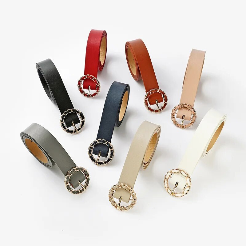 Dizainera siksna Jauna modes personība apaļas pogas uzvalks Ikdienas bikses Sieviešu josta Pu Daudzkrāsains Džinsi Dekoratīva off-balta josta