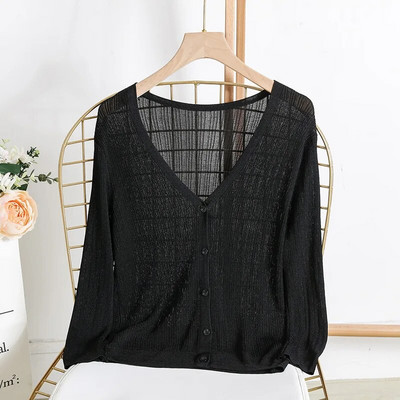 Ženski ljetni tanki pleteni kardigan Jednobojni prednji dio s otvorenim gumbima Široki kaput s klima-uređajem Ice Svilena krema za sunčanje Mali šal