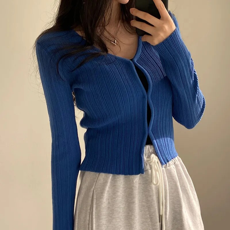 Ezgaga Vágott kardigán női V nyakú, gombos tömör, rugalmas, vékony tavaszi hosszú ujjú kötött felsők, alkalmi női pulóver