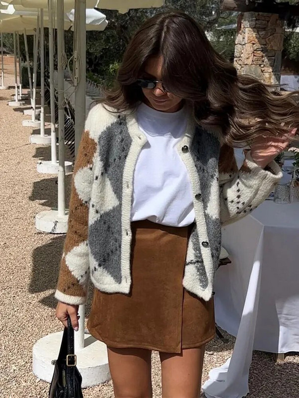 Ženski patchwork pleteni džemper s O-izrezom Modni džemper s dugim rukavima s jednim kopčanjem Jesenska ženska šik gornja odjeća