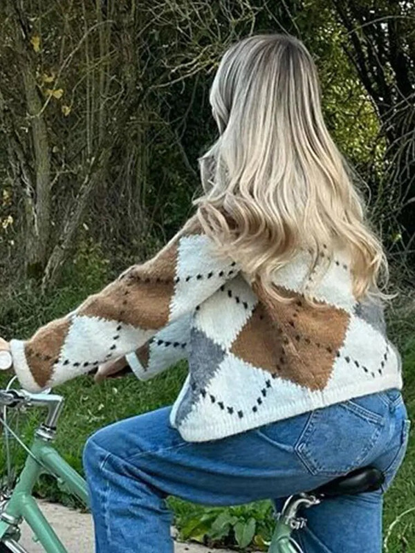 Ženski patchwork pleteni džemper s O-izrezom Modni džemper s dugim rukavima s jednim kopčanjem Jesenska ženska šik gornja odjeća