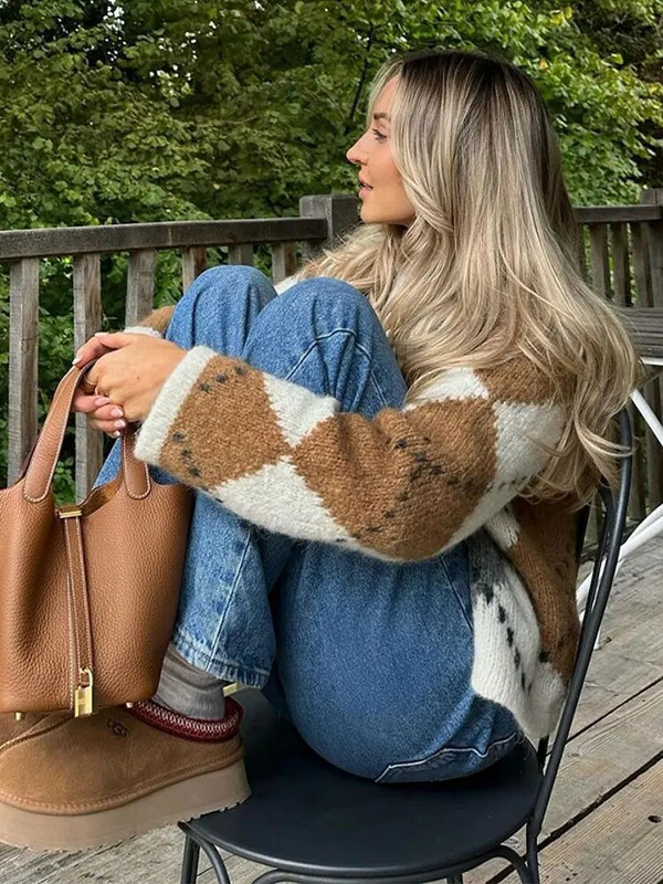 Ženski patchwork pleteni džemper s O-izrezom Modni džemper s dugim rukavima s jednim kopčanjem Jesenska ženska šik gornja odjeća