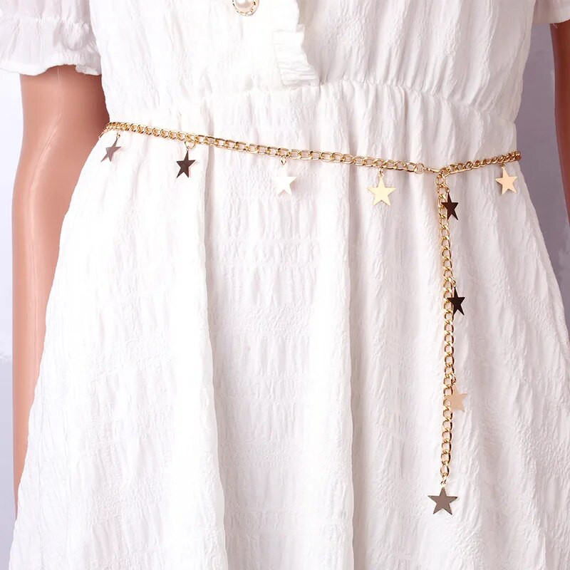 Metalni remen sa zvjezdastom bojom za žene, tanki, uski, dugi, podesivi remeni s lančićima, ženski ukrasni ženski pojas s kićankama u obliku zvijezda
