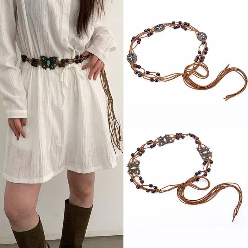 Pleteni remen u boemskom stilu od pamučnog užeta Odgovarajući lanac oko struka s perlama i leptirima za ležernu haljinu, plesnu predstavu
