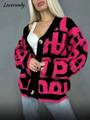 Elegantni pleteni kardigani s V-izrezom s tiskanim slovima Ženski topli pulover s jednim kopčanjem i dugim rukavima Ženski ležerni široki ulični kaput