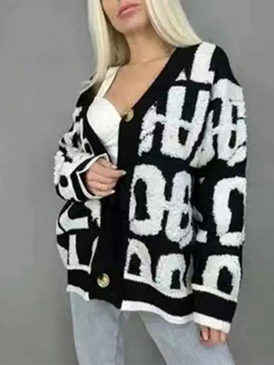 Elegantni pleteni kardigani s V-izrezom s tiskanim slovima Ženski topli pulover s jednim kopčanjem i dugim rukavima Ženski ležerni široki ulični kaput