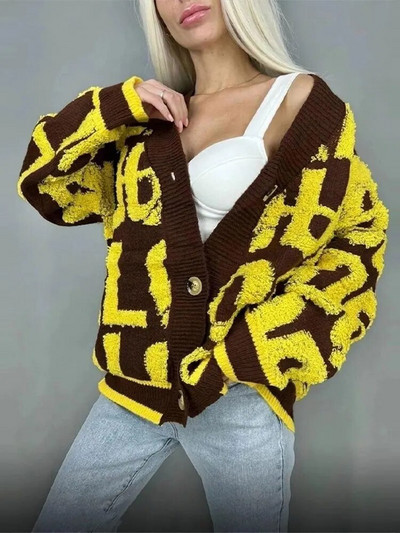Elegantni pleteni kardigani s V-izrezom s tiskanim slovima Ženski topli pulover s jednim kopčanjem i dugim rukavima Ženski ležerni široki ulični kaput
