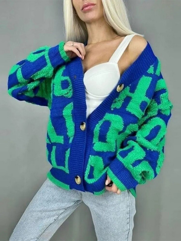 Elegantni pleteni kardigani s V-izrezom s tiskanim slovima Ženski topli pulover s jednim kopčanjem i dugim rukavima Ženski ležerni široki ulični kaput