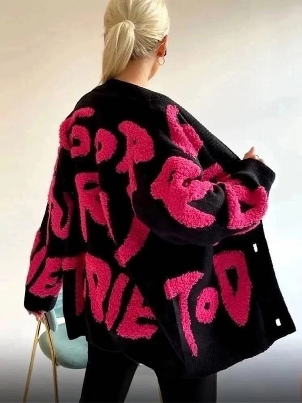 Elegantni pleteni kardigani s V-izrezom s tiskanim slovima Ženski topli pulover s jednim kopčanjem i dugim rukavima Ženski ležerni široki ulični kaput