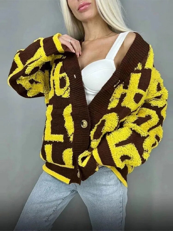 Elegantni pleteni kardigani s V-izrezom s tiskanim slovima Ženski topli pulover s jednim kopčanjem i dugim rukavima Ženski ležerni široki ulični kaput