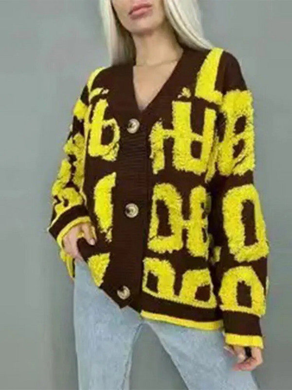 Elegantni pleteni kardigani s V-izrezom s tiskanim slovima Ženski topli pulover s jednim kopčanjem i dugim rukavima Ženski ležerni široki ulični kaput