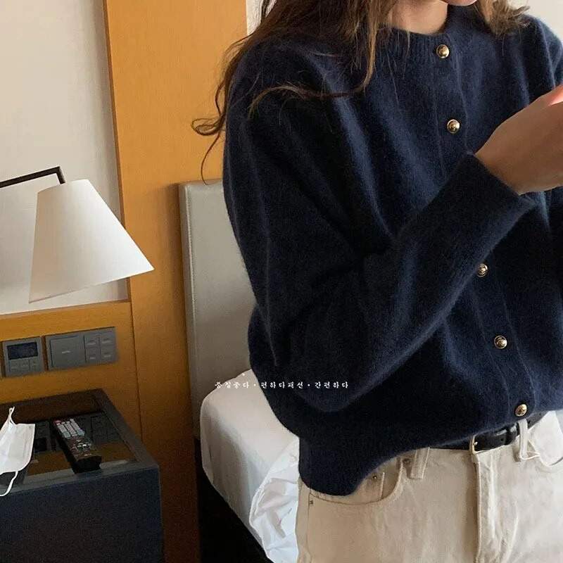 Sarebon pleteni kardigan ženski proljetni novi korejski 2022. široki jednobojni džemper s okruglim izrezom