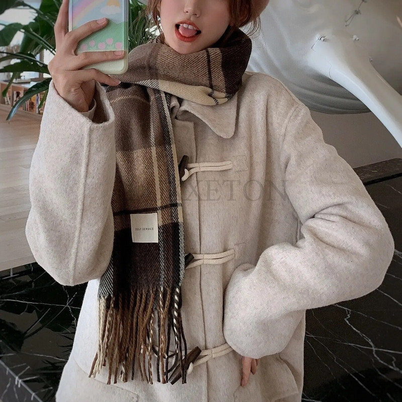 Zimski šal Ženski šal Topli šal Ženski karirani šal Traka oko vrata Šal s resama Modni ženski luksuzni plavi šal Novo 2023.