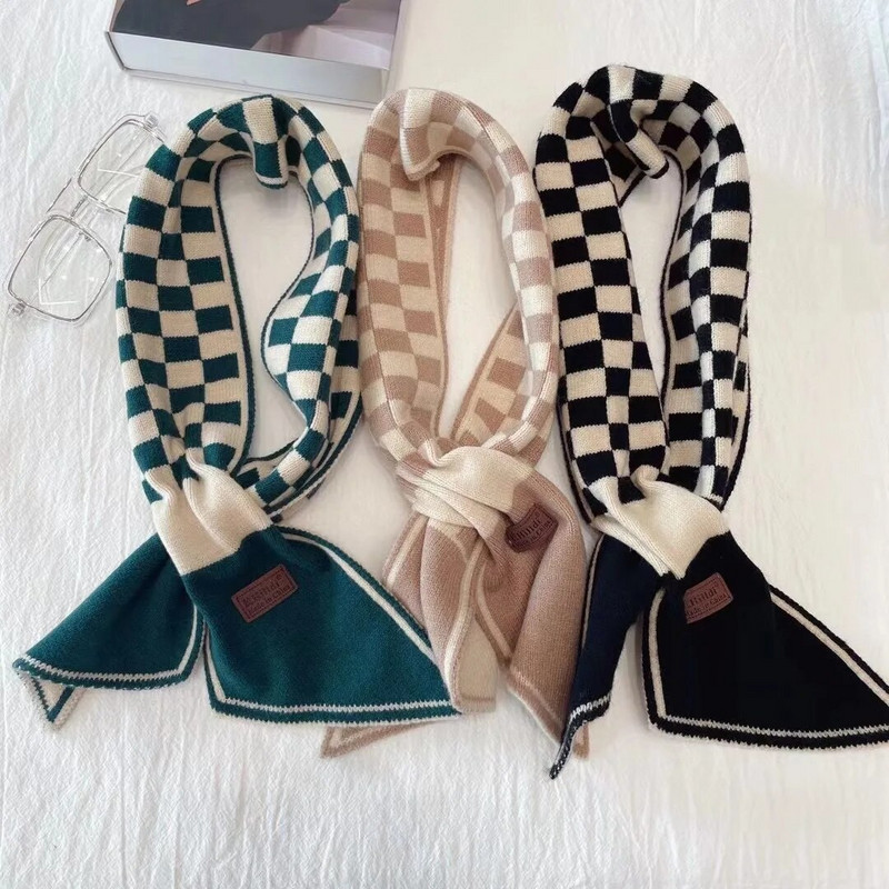 2022. Nova luksuzna marka Haundstooth Karirani pleteni šal Šal Ženski zimski šal Dugi mršavi mali šal Ženski šal oko vrata