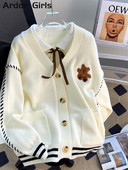 Moteriškas 2023 m. mielas meškiuko rašto megztinis, rudens V formos iškirptė, viena krūtinė, moteriškas megztinis, laisvalaikio preppy prašmatnūs megzti mergaičių mezginiai