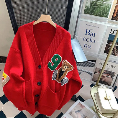 Moteriškas 2023 m. mielas meškiuko rašto megztinis, rudens V formos iškirptė, viena krūtinė, moteriškas megztinis, laisvalaikio preppy prašmatnūs megzti mergaičių mezginiai