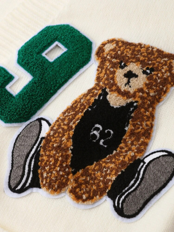 Moteriškas 2023 m. mielas meškiuko rašto megztinis, rudens V formos iškirptė, viena krūtinė, moteriškas megztinis, laisvalaikio preppy prašmatnūs megzti mergaičių mezginiai